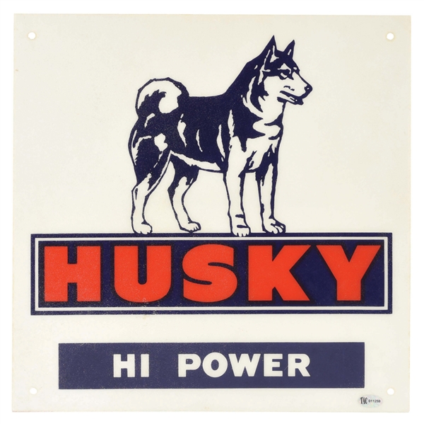 HUSKY HI-POWER GASOLINE FIBERGLASS PUMP PLATE SIGN W/ HUSKY DOG GRAPHIC. 
