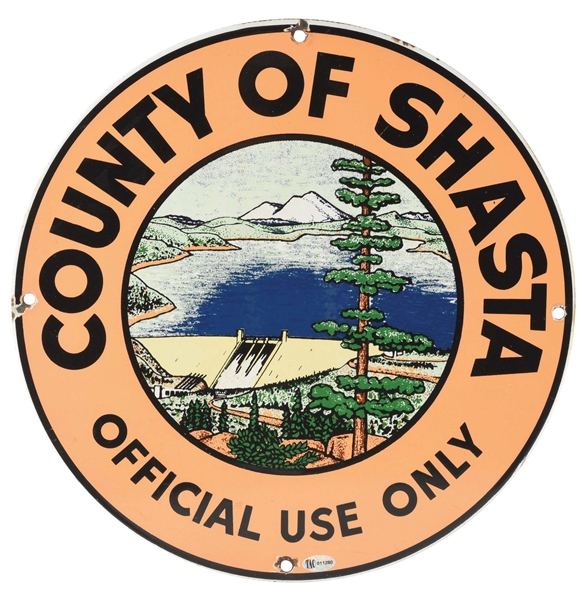 COUNTY OF SHASTA CALIFORNIA PORCELAIN TRUCK SIGN W/ LAKE & DAM GRAPHIC. 