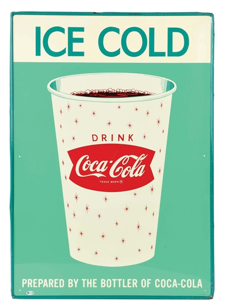 OUTSTANDING ICE COLD COCA COLA TIN SIGN W/ CUP & FISHTAIL GRAPHIC. 