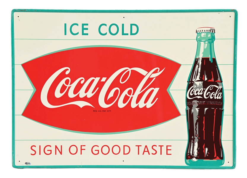 ICE COLD COCA COLA "SIGN OF GOOD TASTE" TIN SIGN W/ BOTTLE & FISHTAIL GRAPHIC. 