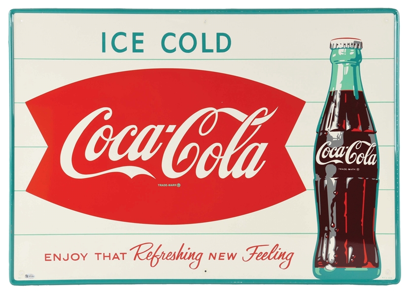 OUTSTANDING N.O.S. ICE COLD COCA COLA TIN SIGN W/ BOTTLE & FISHTAIL GRAPHIC. 