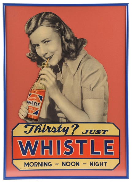 THIRSTY? JUST WHISTLE FRAMED CARD STOCK SIGN W/ GIRL & BOTTLE GRAPHIC. 