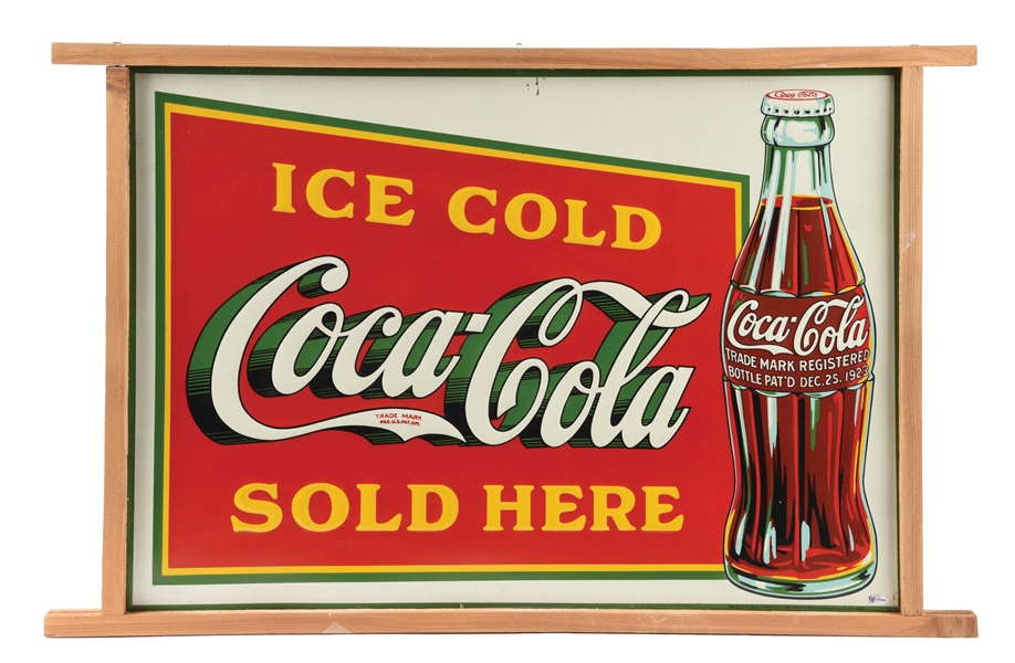 OUTSTANDING ICE COLD COCA COLA SOLD HERE EMBOSSED TIN SIGN W/ CHRISTMAS BOTTLE GRAPHIC. 