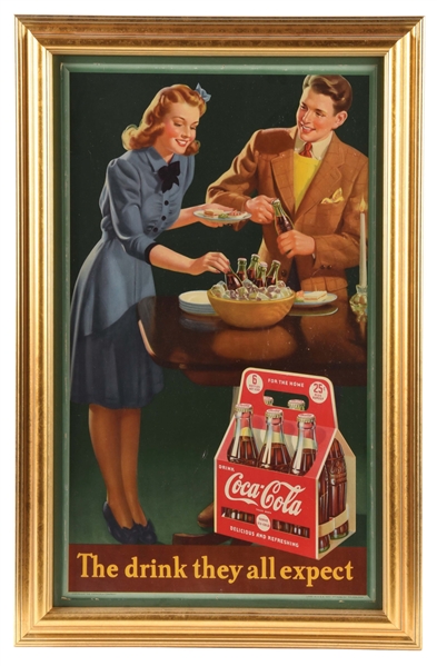 COCA COLA "THE DRINK THEY ALL EXPECT" FRAMED CARDBOARD LITHOGRAPH SIGN W/ SIX PACK GRAPHIC. 