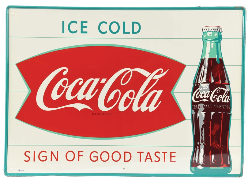ICE COLD COCA COLA "THE SIGN OF GOOD TASTE" TIN SIGN W/ FISHTAIL & BOTTLE GRAPHIC. 