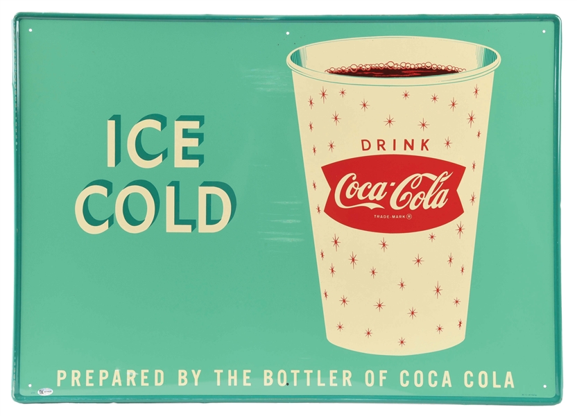 DRINK ICE COLD COCA COLA TIN SIGN W/ CUP GRAPHIC. 