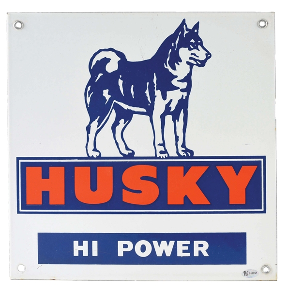 HUSKY HI-POWER GASOLINE PORCELAIN PUMP PLATE SIGN W/ HUSKY DOG GRAPHIC. 
