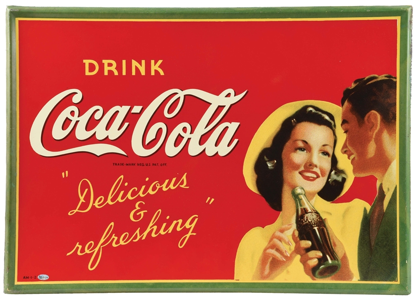 DRINK COCA COLA "DELICIOUS & REFRESHING" TIN SIGN W/ SELF FRAMED EMBOSSED OUTER EDGE.