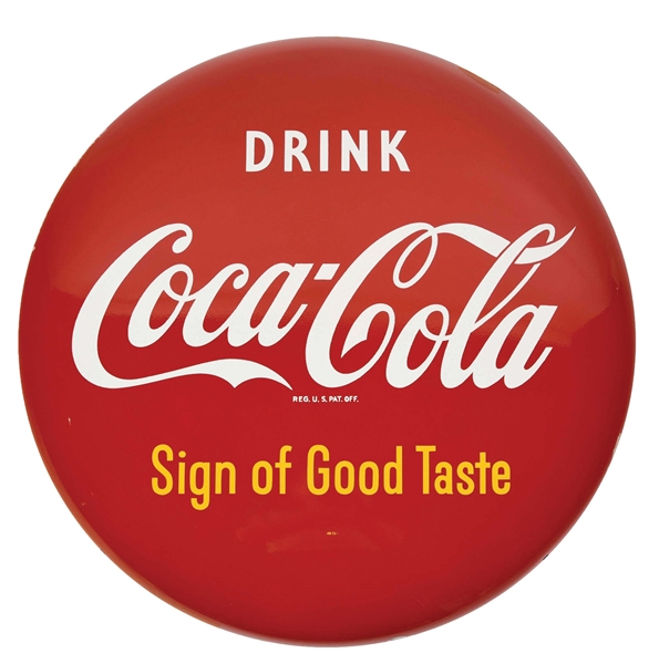 OUTSTANDING NEW OLD STOCK DRINK COCA COLA TIN BUTTON SIGN W/ ORIGINAL SHIPPING PAPER. 