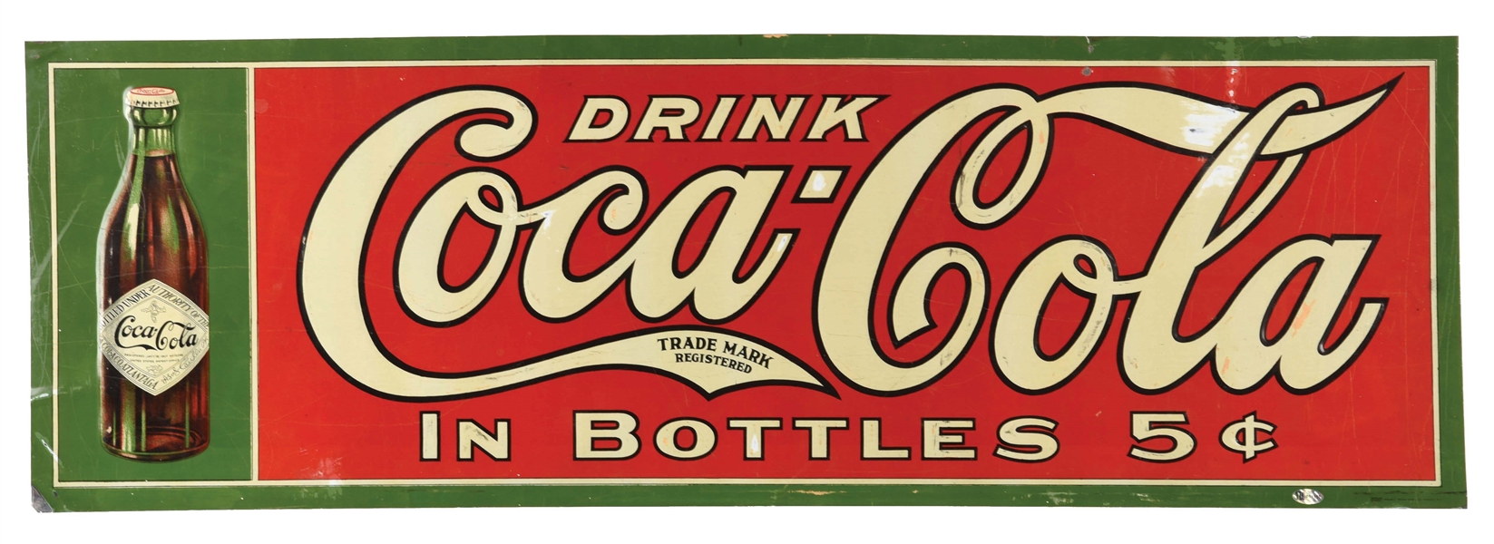 RARE & EARLY DRINK COCA COLA IN BOTTLES EMBOSSED TIN SIGN W/ EARLY BOTTLE GRAPHIC. 