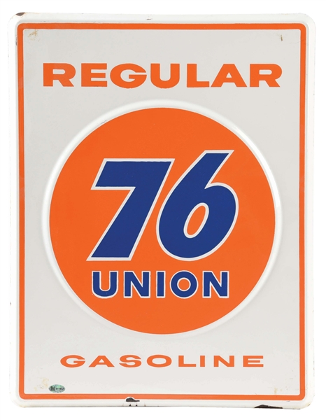 UNION GASOLINE EMBOSSED PORCELAIN PUMP PLATE SIGN W/ 76 GRAPHIC. 