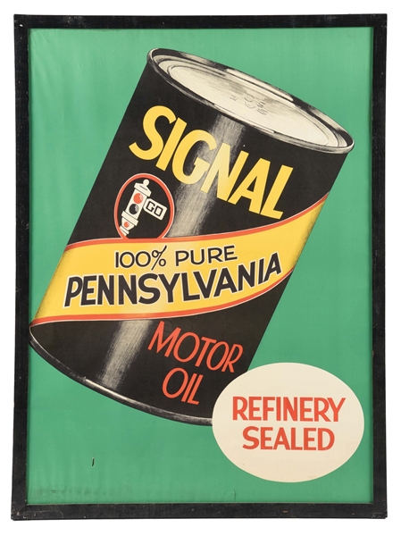 SIGNAL MOTOR OIL FRAMED PAPER SERVICE STATION POSTER W/ QUART CAN GRAPHIC. 