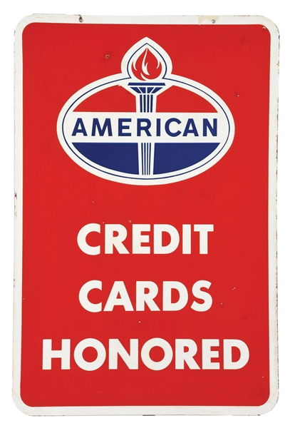 AMERICAN GASOLINE CREDIT CARDS HONORED PORCELAIN SERVICE STATION SIGN. 