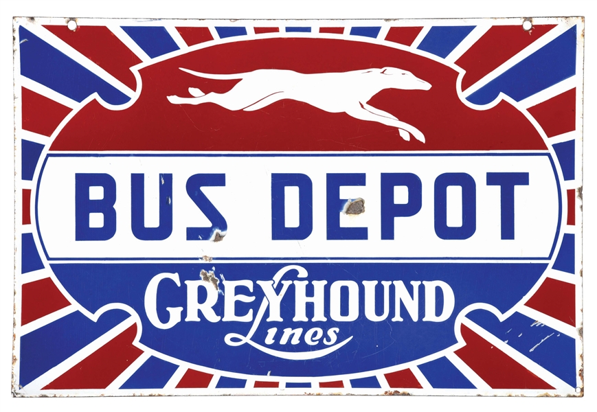 GREYHOUND LINES BUS DEPOT PORCELAIN SIGN W/ DOG GRAPHIC. 