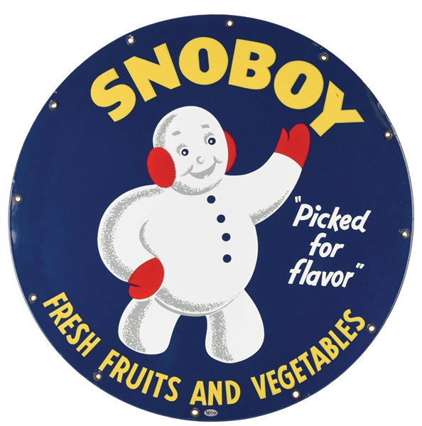 SNOBOY FRESH FRUITS & VEGETABLES PORCELAIN DELIVERY TRUCK SIGN W/ SNOWMAN GRAPHIC. 