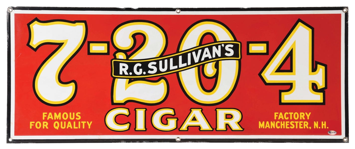 R.G. SULLIVANS 7-20-4 CIGAR PORCELAIN SIGN. 