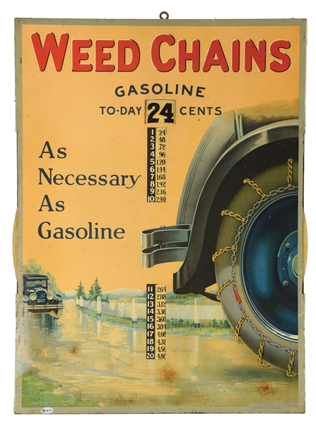 RARE WEED CHAINS TIN SERVICE STATION GASOLINE PRICER SIGN W/ AUTOMOBILE & TIRE GRAPHICS. 