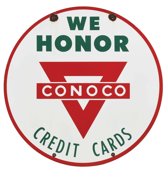 WE HONOR CONOCO CREDIT CARDS PORCELAIN SERVICE STATION SIGN. 