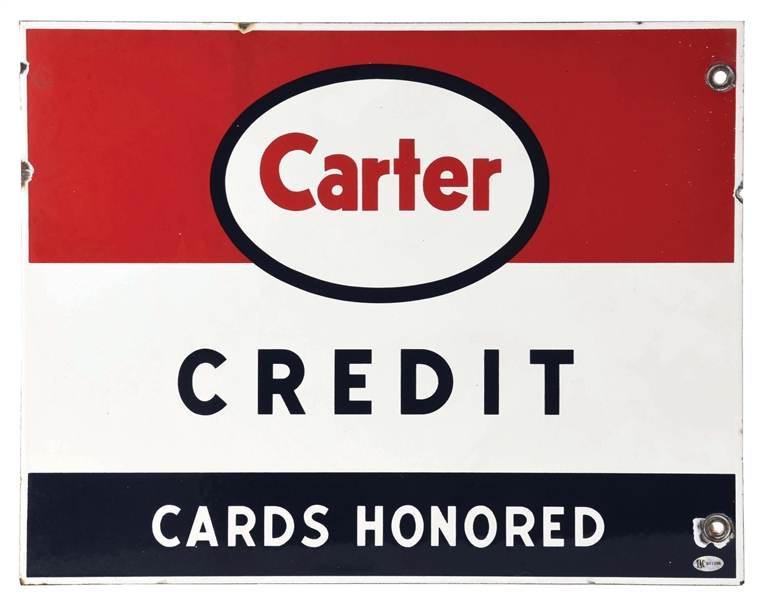 CARTER SERVICE STATION CREDIT CARDS HONORED PORCELAIN SIGN. 