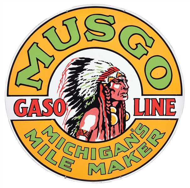 ICONIC & HISTORIC MUSGO GASOLINE "MICHIGANS MILE MAKER" PORCELAIN SERVICE STATION SIGN W/ NATIVE AMERICAN GRAPHIC. 