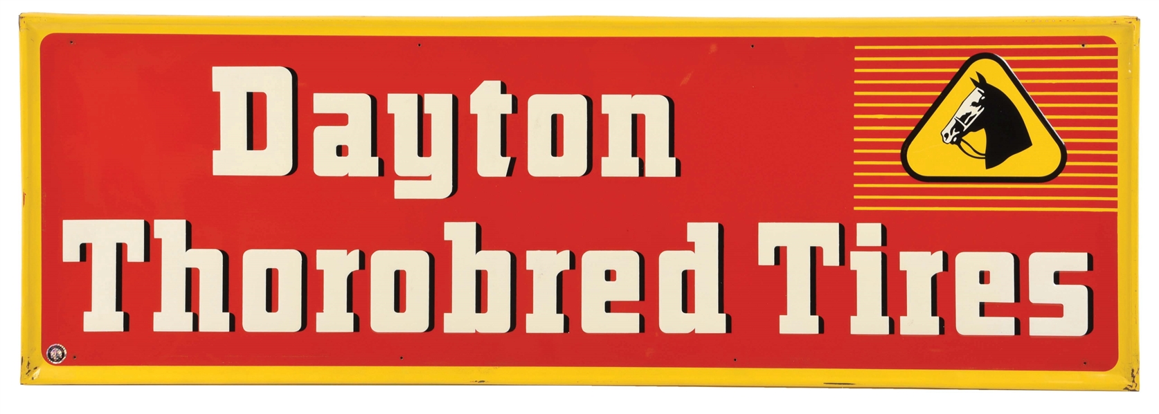 DAYTON THOROBRED TIRES EMBOSSED TIN SERVICE STATION SIGN W/ HORSE GRAPHIC. 