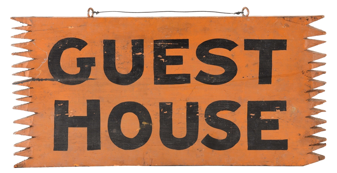 GUEST HOUSE HAND PAINTED WOODEN SIGN W/ HAND CUT OUTER EDGE. 