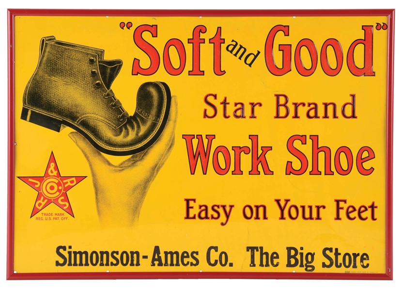 STAR BRAND WORK SHOES EMBOSSED TIN SIGN W/ HAND & SHOE GRAPHIC. 