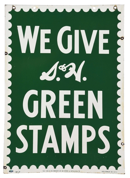 WE GIVE S&H GREEN STAMPS PORCELAIN SIGN. 