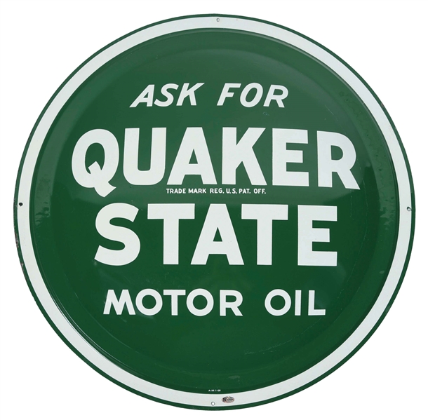 ASK FOR QUAKER STATE MOTOR OILS EMBOSSED TIN SERVICE STATION BUBBLE SIGN. 