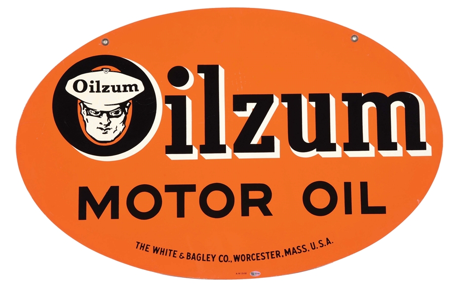 OUTSTANDING OILZUM MOTOR OILS TIN SERVICE STATION SIGN W/ OSWALD GRAPHIC. 