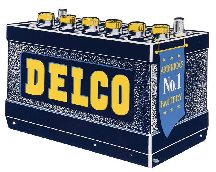 DELCO BATTERIES DIE CUT TIN SERVICE STATION SIGN. 