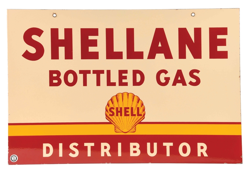 OUTSTANDING SHELLANE BOTTLED GAS PORCELAIN SERVICE STATION SIGN W/ TIGER STRIPE SHELL GRAPHIC. 