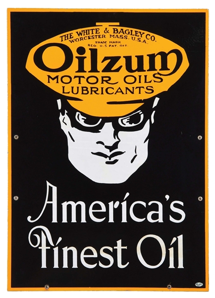 EXTRAORDINARY OILZUM "AMERICAS FINEST OIL" PORCELAIN SERVICE STATION SIGN W/ OSWALD THE DRIVER GRAPHIC. 