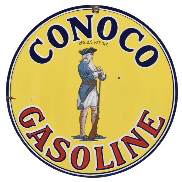 OUTSTANDING & ICONIC CONOCO GASOLINE PORCELAIN SERVICE STATION SIGN W/ MINUTEMAN GRAPHIC. 