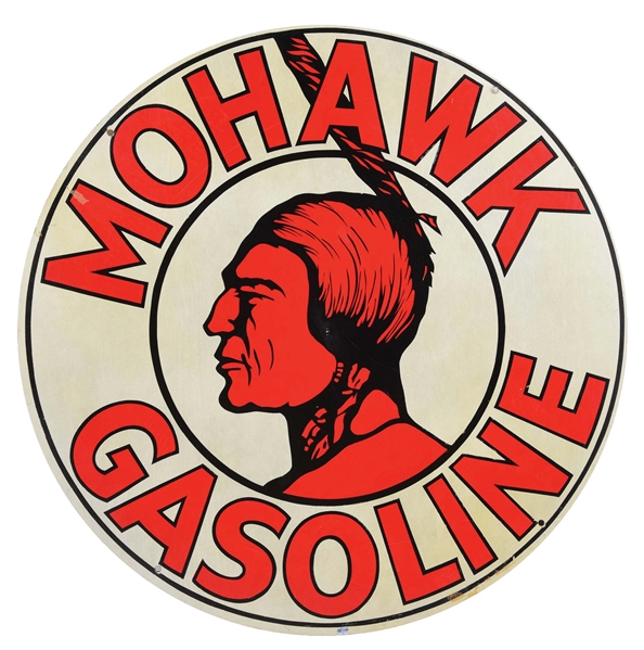 NEW OLD STOCK MOHAWK GASOLINE WOODEN WAR ERA SERVICE STATION SIGN W/ NATIVE AMERICAN GRAPHIC. 