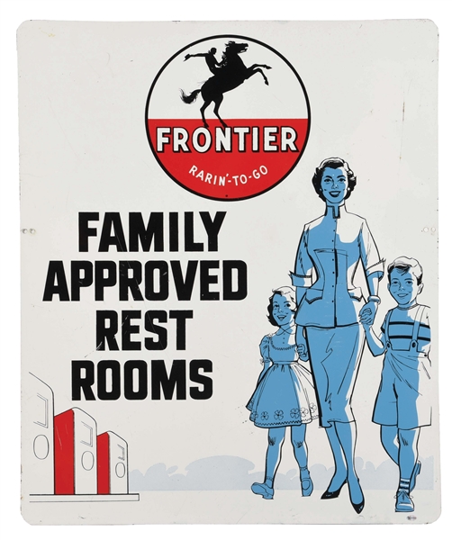 RARE FRONTIER SERVICE STATION FAMILY APPROVED REST ROOMS TIN SIGN W/ SERVICE STATION & FAMILY GRAPHIC. 