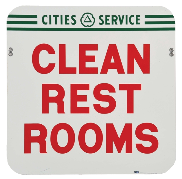 NEW OLD STOCK CITIES SERVICE CLEAN REST ROOMS PORCELAIN SERVICE STATION SIGN. 