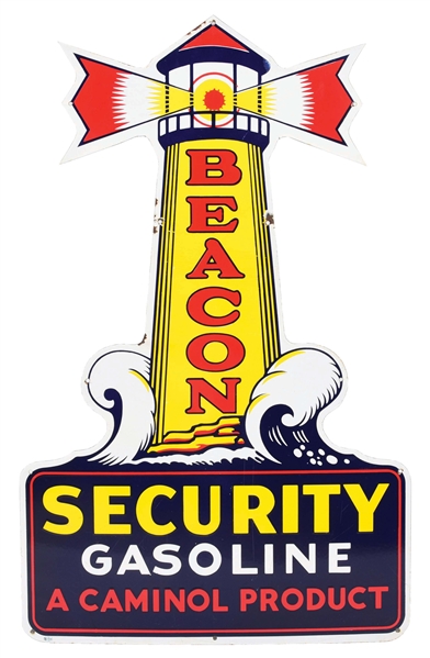 OUTSTANDING & RARE BEACON SECURITY GASOLINE DIE-CUT PORCELAIN LIGHTHOUSE SERVICE STATION SIGN. 