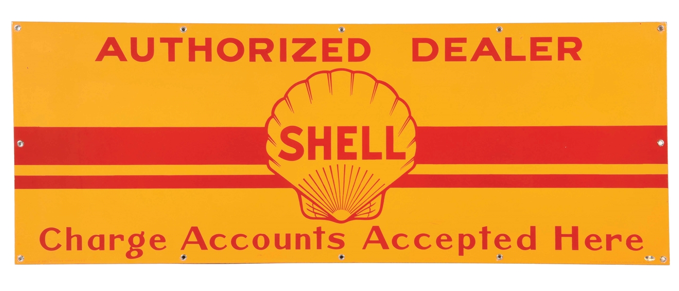 RARE SHELL AUTHORIZED DEALER PORCELAIN SERVICE STATION SIGN W/ CLAMSHELL GRAPHIC. 