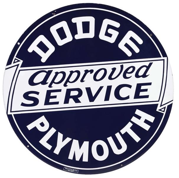 OUTSTANDING DODGE & PLYMOUTH APPROVED SERVICE PORCELAIN SIGN. 