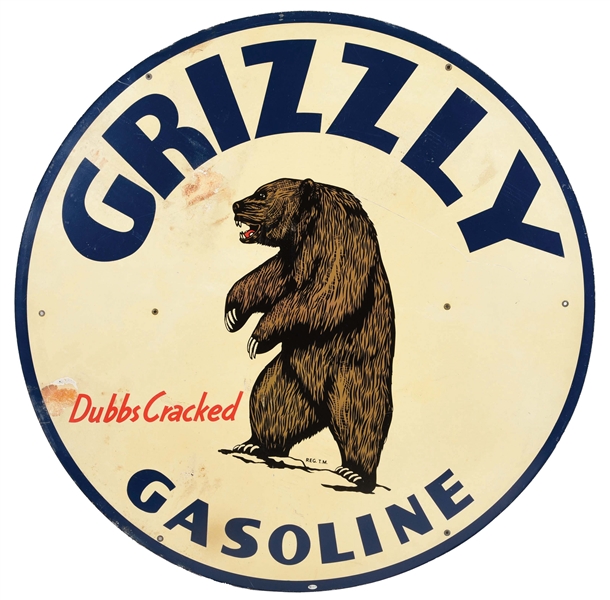 OUTSTANDING & RARE GRIZZLY "DUBBS CRACKED" GASOLINE TIN SERVICE STATION SIGN W/ STANDING BEAR GRAPHIC. 