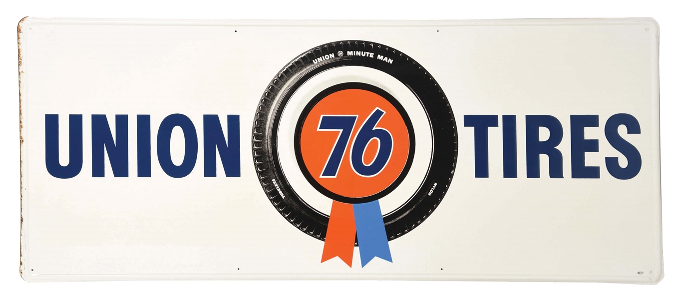 UNION 76 TIRES EMBOSSED TIN SERVICE STATION SIGN W/ TIRE GRAPHIC. 