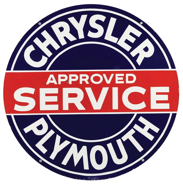 OUTSTANDING CHRYSLER PLYMOUTH APPROVED SERVICE PORCELAIN SIGN. 