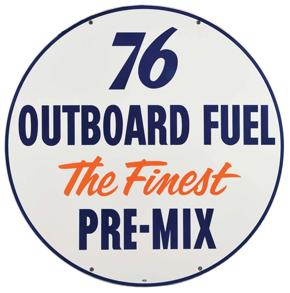 OUTSTANDING NEW OLD STOCK UNION 76 OUTBOARD FUEL PORCELAIN SIGN. 