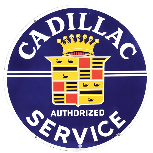 OUTSTANDING CADILLAC AUTHORIZED SERVICE PORCELAIN SIGN W/ CREST GRAPHIC. 