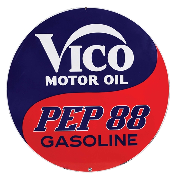 OUTSTANDING NEW OLD STOCK VICO MOTOR OIL & PEP 88 GASOLINE PORCELAIN SERVICE STATION SIGN. 