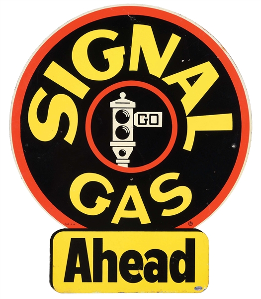 VERY RARE SIGNAL GAS AHEAD TIN SIGN W/ BLACK STOP LIGHT GRAPHIC. 