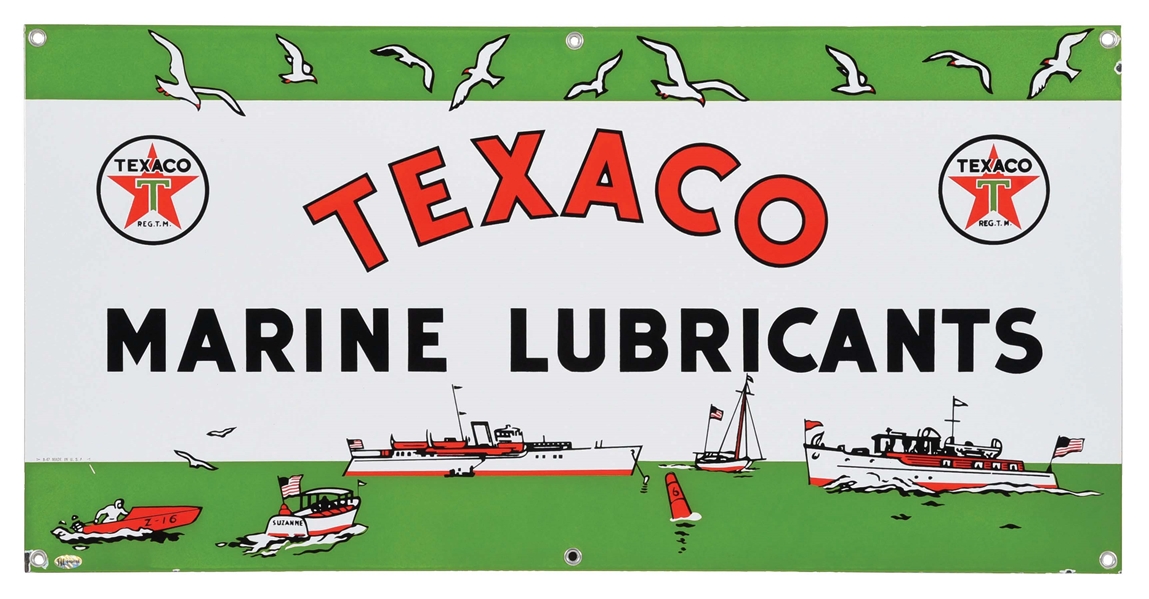OUTSTANDING TEXACO MARINE LUBRICANTS PORCELAIN SIGN W/ OCEAN SCENE GRAPHIC. 
