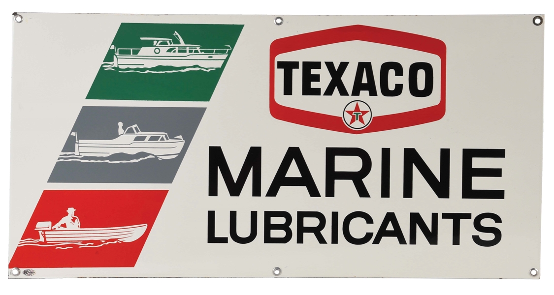 OUTSTANDING NEW OLD STOCK TEXACO MARINE LUBRICANTS PORCELAIN SIGN W/ BOAT GRAPHICS. 