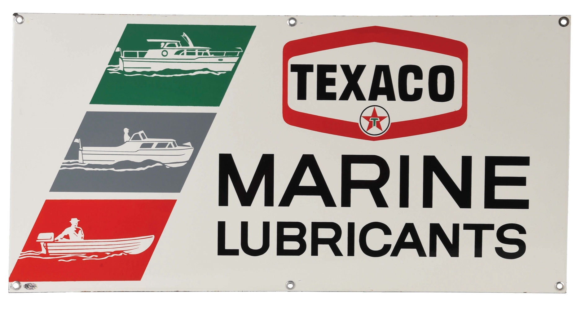 OUTSTANDING NEW OLD STOCK TEXACO MARINE LUBRICANTS PORCELAIN SIGN W/ BOAT GRAPHICS. 